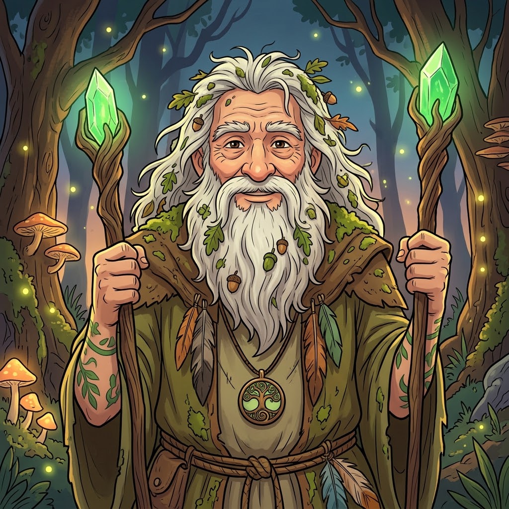 A druid in the woods, dressed in ceremonial robes and adorned with leaves, pines, feathers, and body paint.
It's magic!