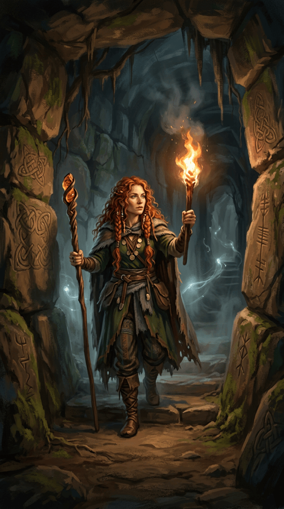 Red-haired druid holding a torch and staff in a rune-carved cave