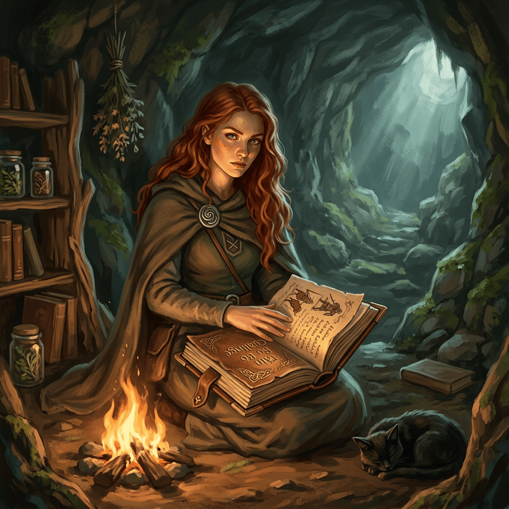 Red-haired woman reading an illustrated book beside a campfire in a cave