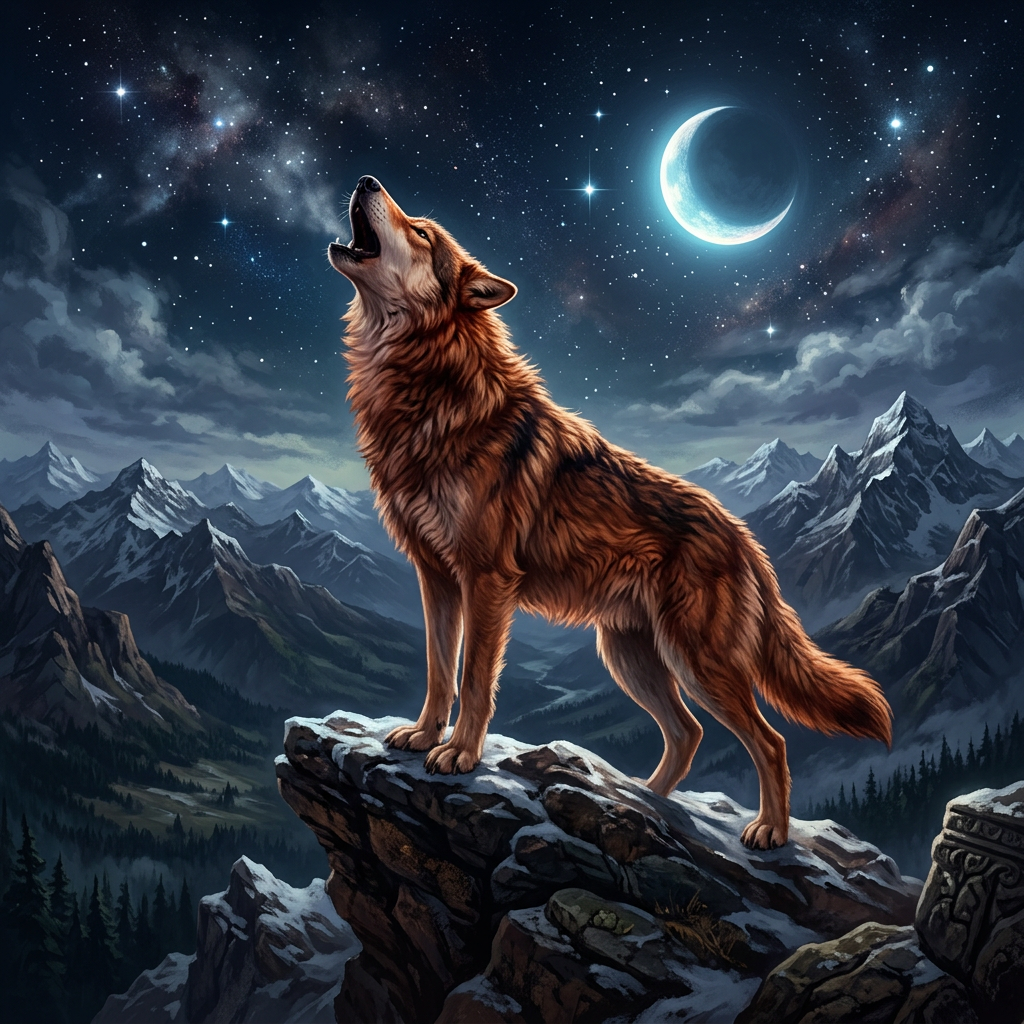 Howling wolf on a snowy mountain ridge beneath a crescent moon