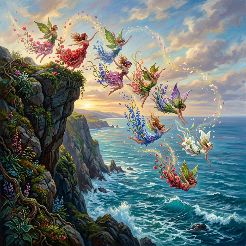 Flower-winged fairies flying above a flower-covered cliff and ocean