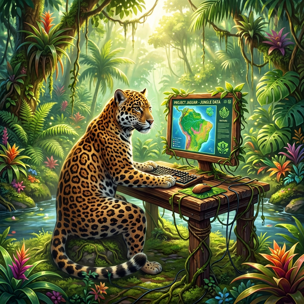 Jaguar at computer beside sign reading “PROJECT JAGUAR - JUNGLE DATA” and “NATURE”