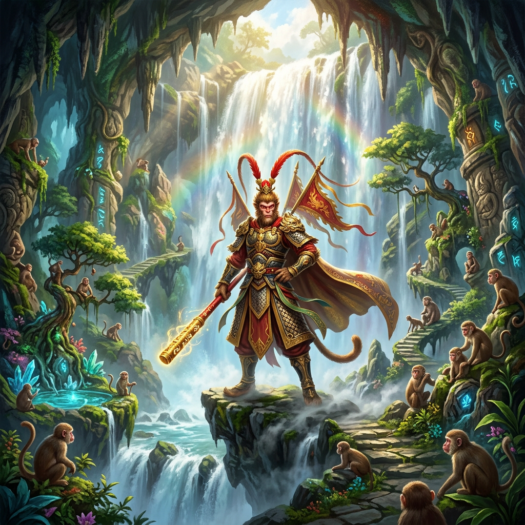 Armored Monkey King holding a glowing staff in a waterfall-filled jungle cave