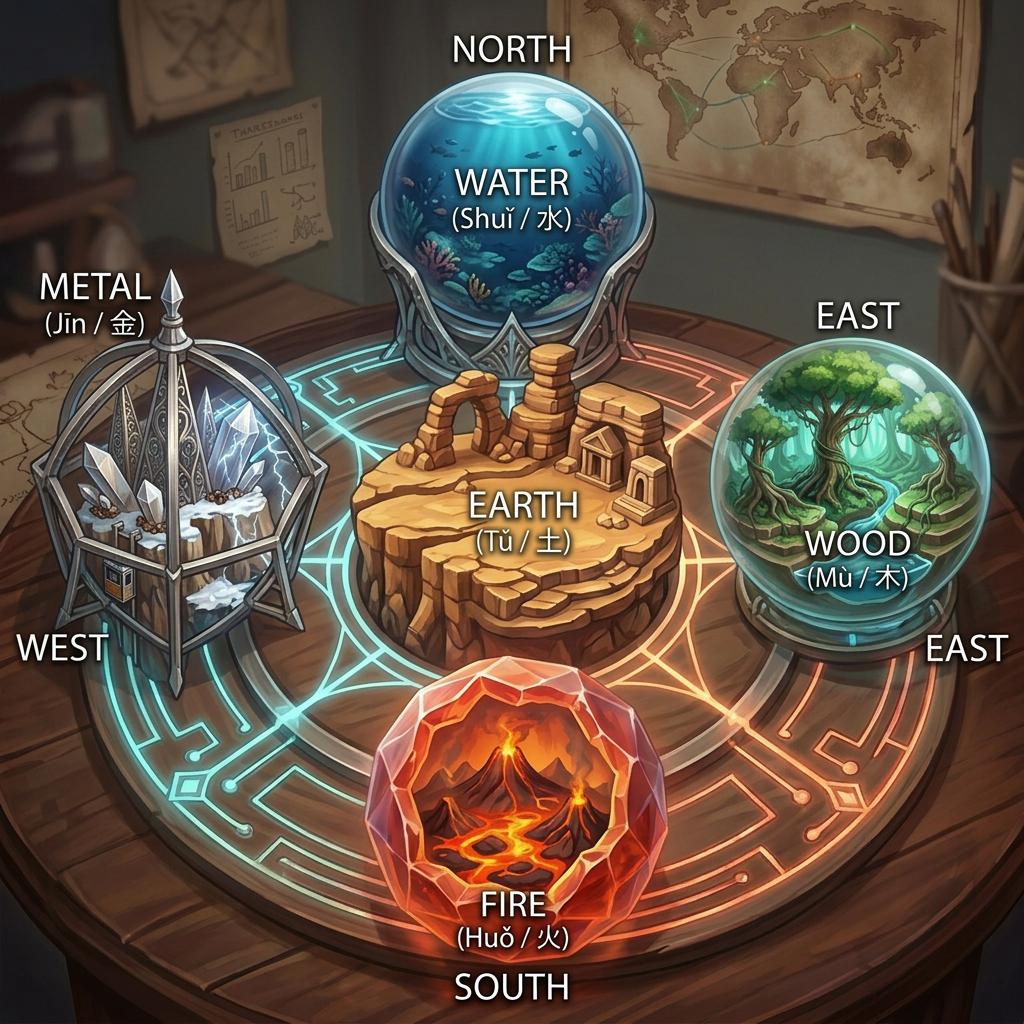 NORTH; WATER (Shū / 水); EAST; WOOD (Mù / 木); FIRE (Huǒ / 火); SOUTH; WEST; METAL (Jīn / 金); EARTH (Tǔ / 土)