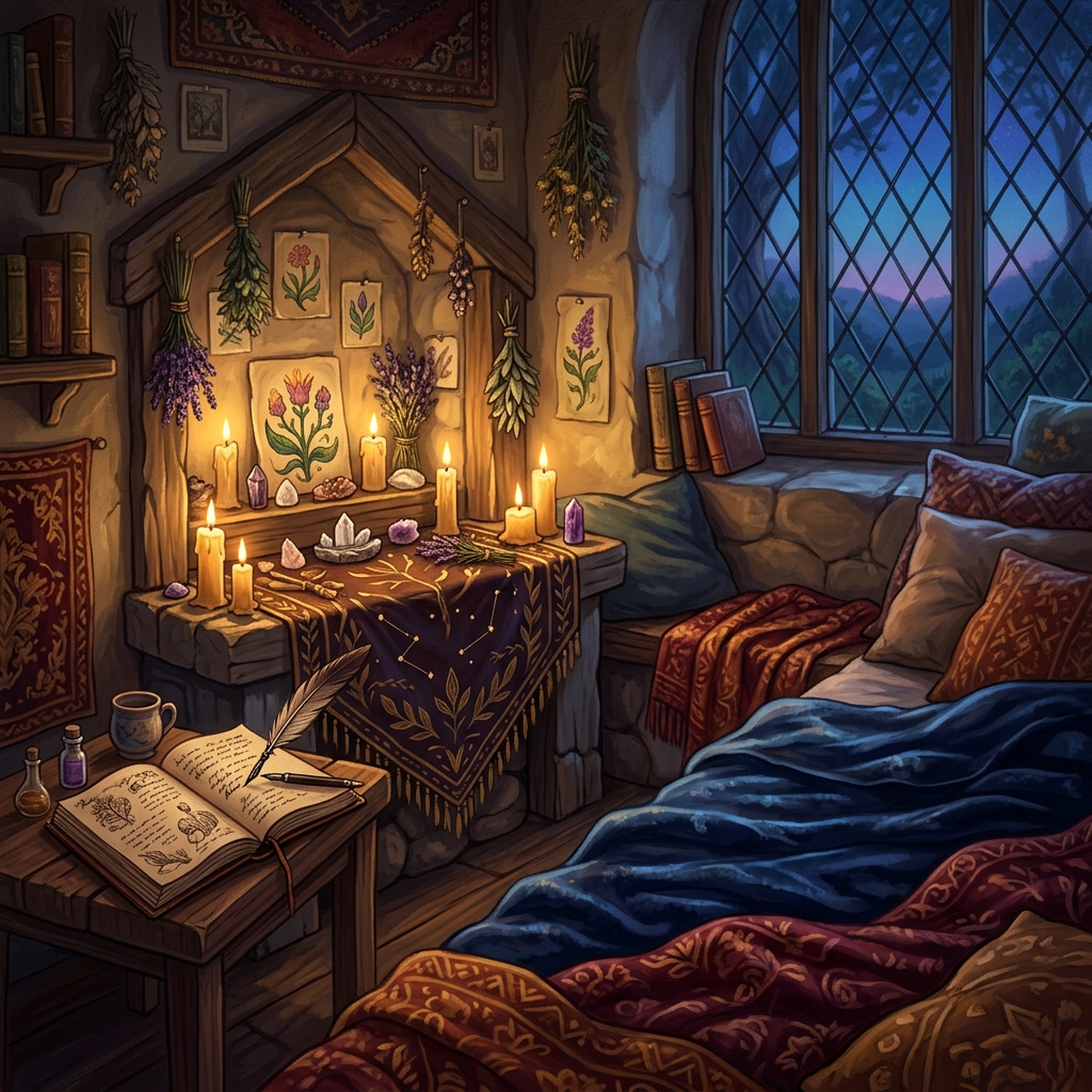 Candlelit herbalist room with dried herbs, candles, crystals, books, and a cozy bed