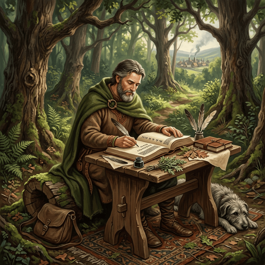 Cloaked scribe writing in a forest clearing beside a resting dog