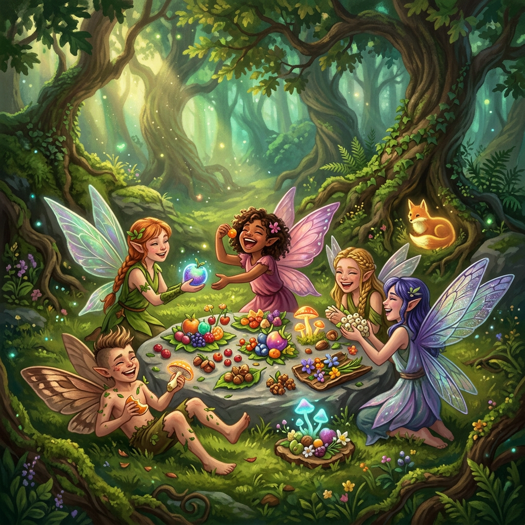 Four fairies sharing a fruit-filled feast in an enchanted forest