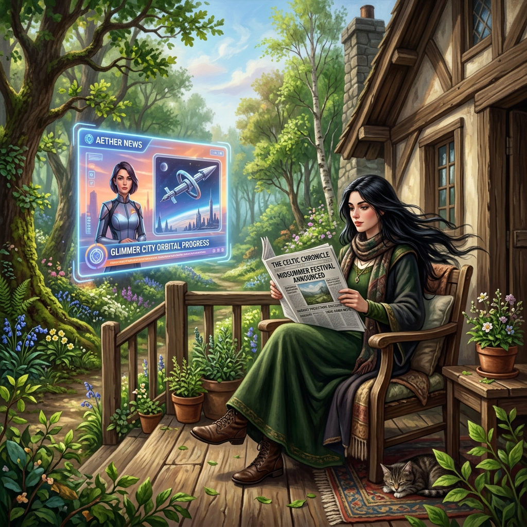 A young witch peacefully reading the news and watching holographic TV on her wooden porch in the Irish woods. It's Spring!