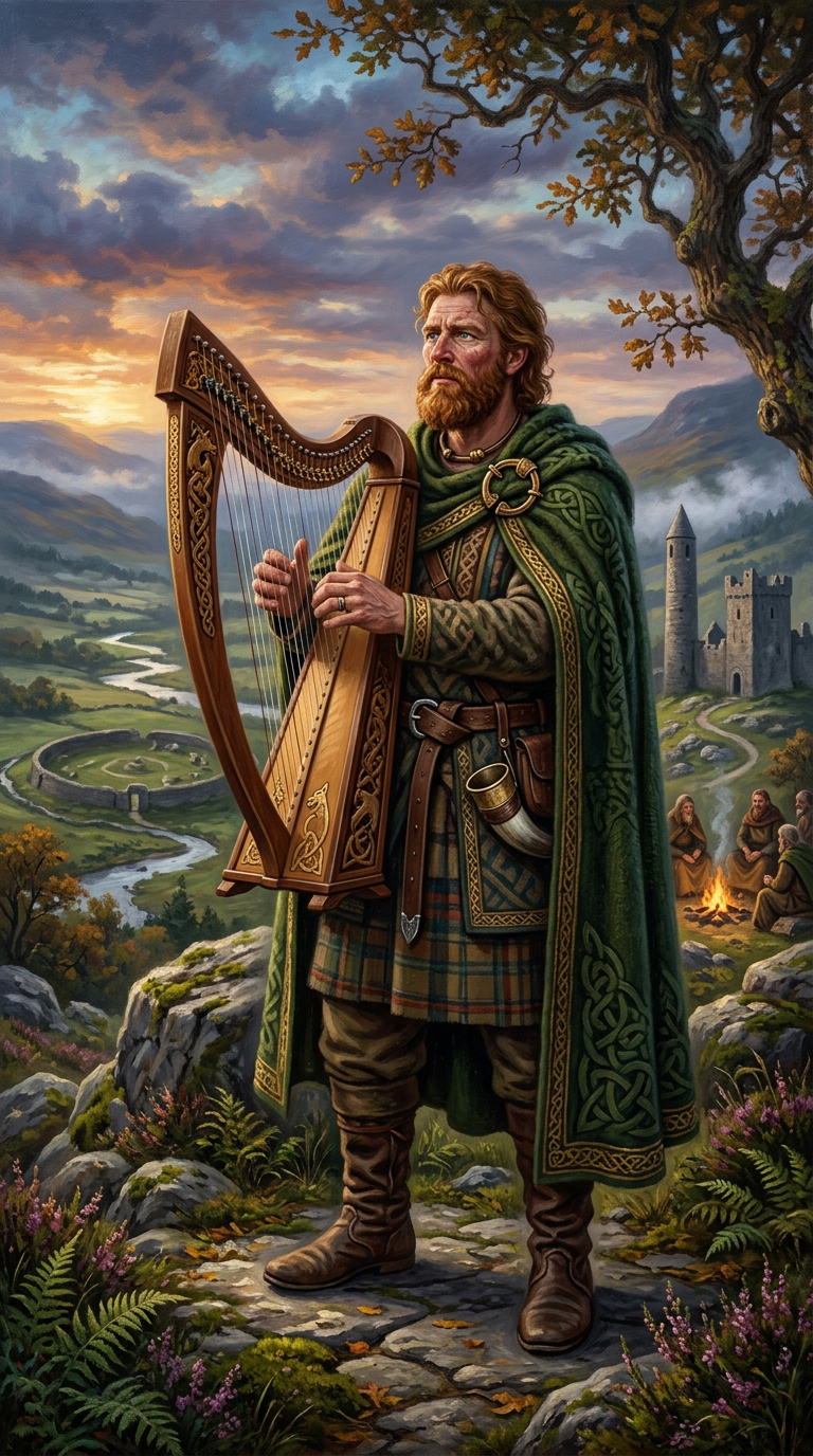 Bearded Celtic harpist in green cloak overlooking a valley and castle